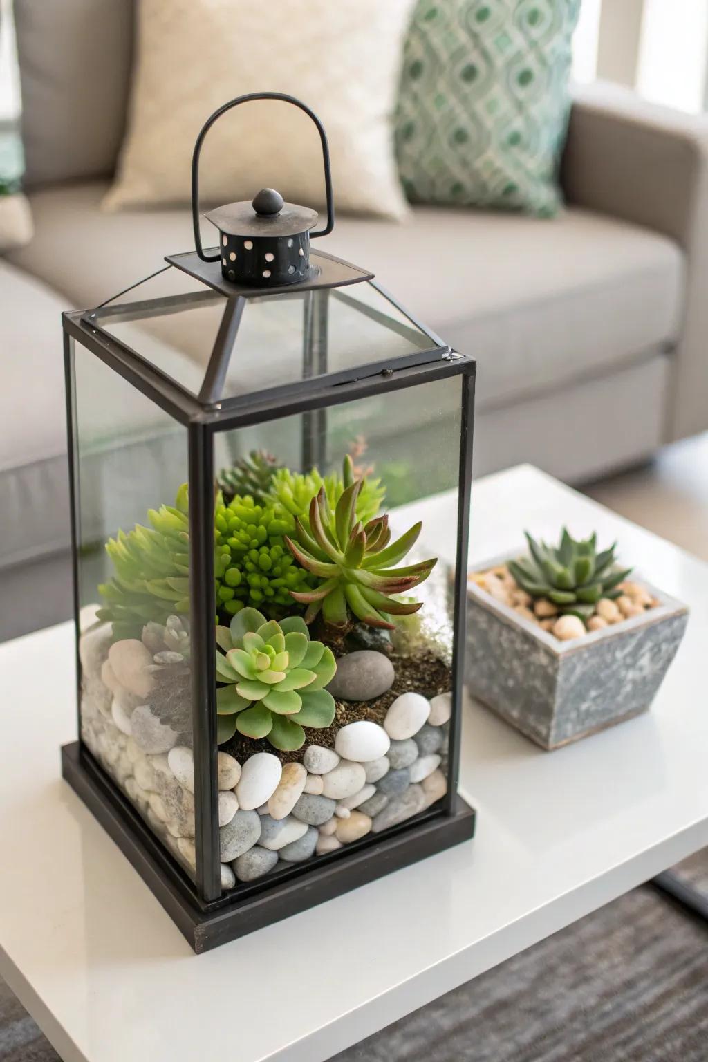 Modern lantern featuring a mix of succulents and stones.