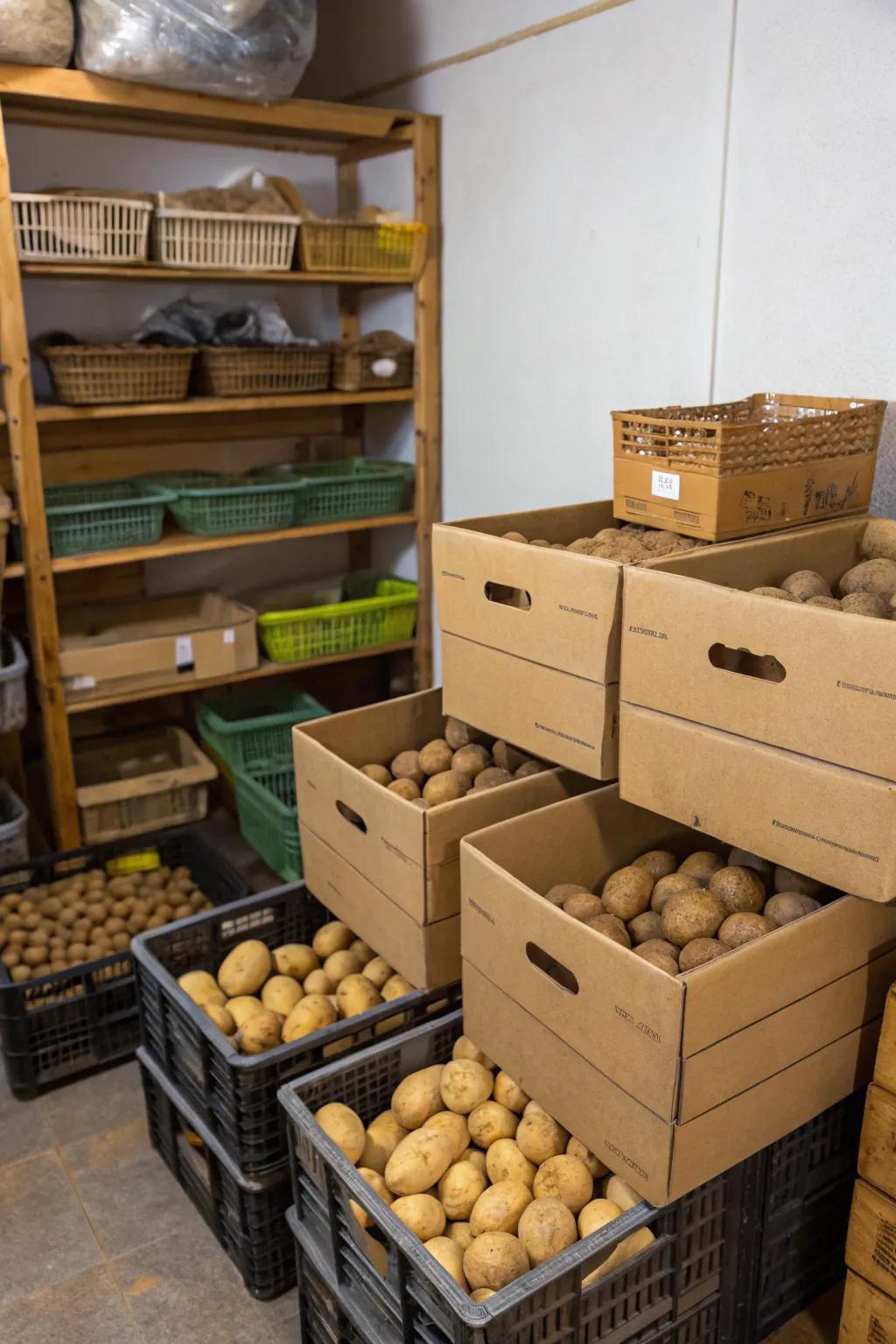 Reusing cardboard boxes supports eco-friendliness in root vegetable storage.
