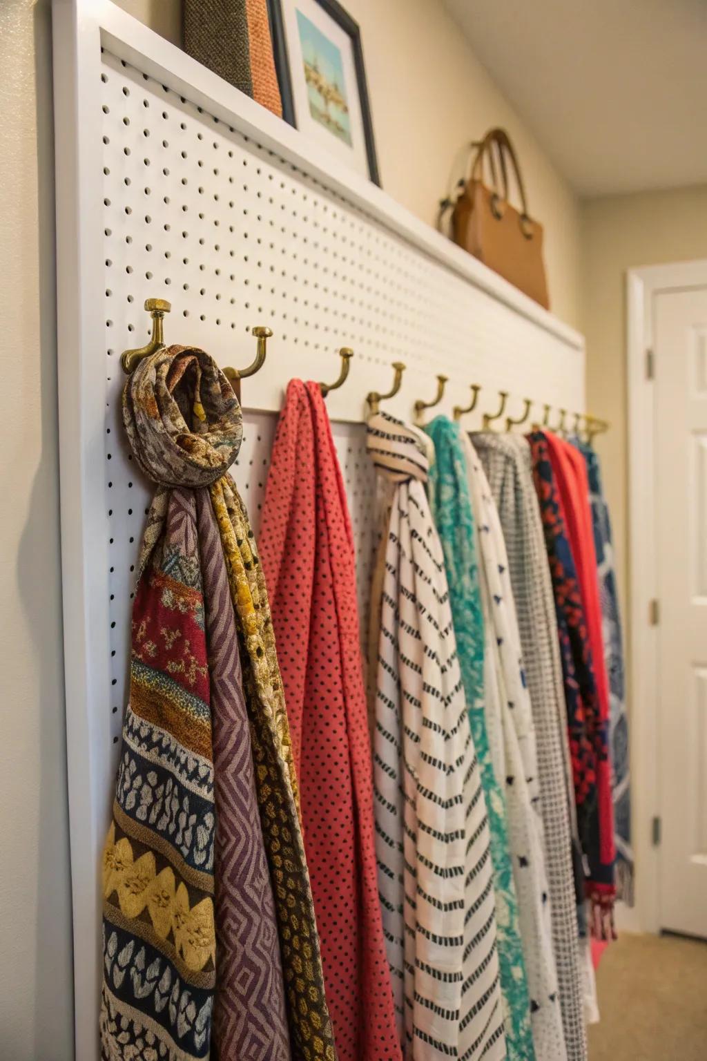 A drilled board offers flexible and personalized scarf storage.