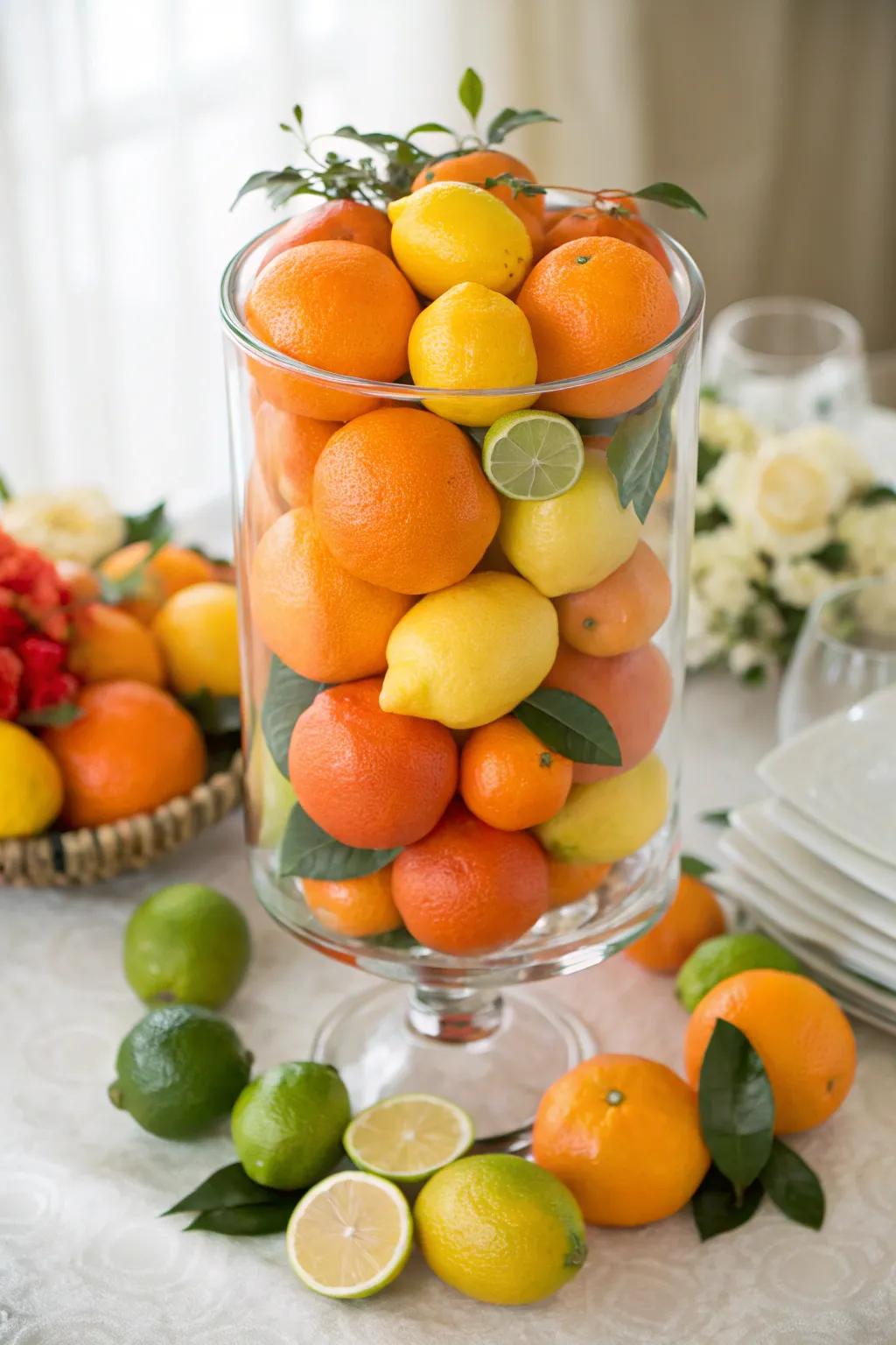 Fresh citrus fruits contained in a wind-resistant holder inject a splash of color and vitality.