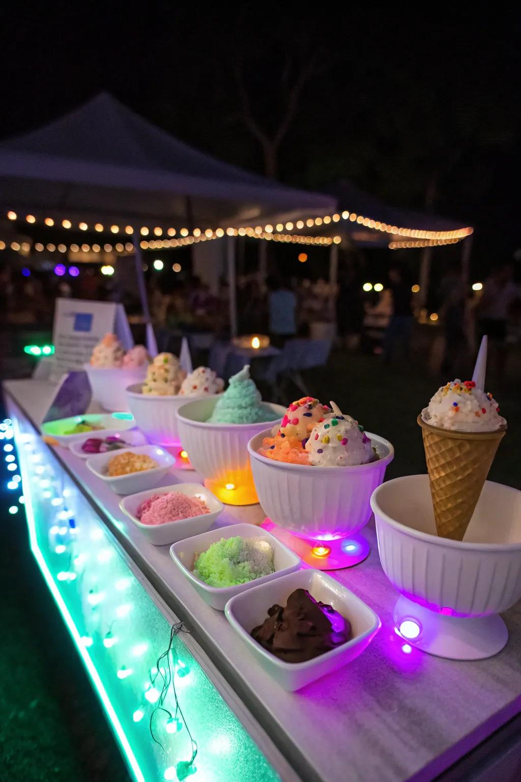 A luminous night dessert space that transforms the evening into a magical event.