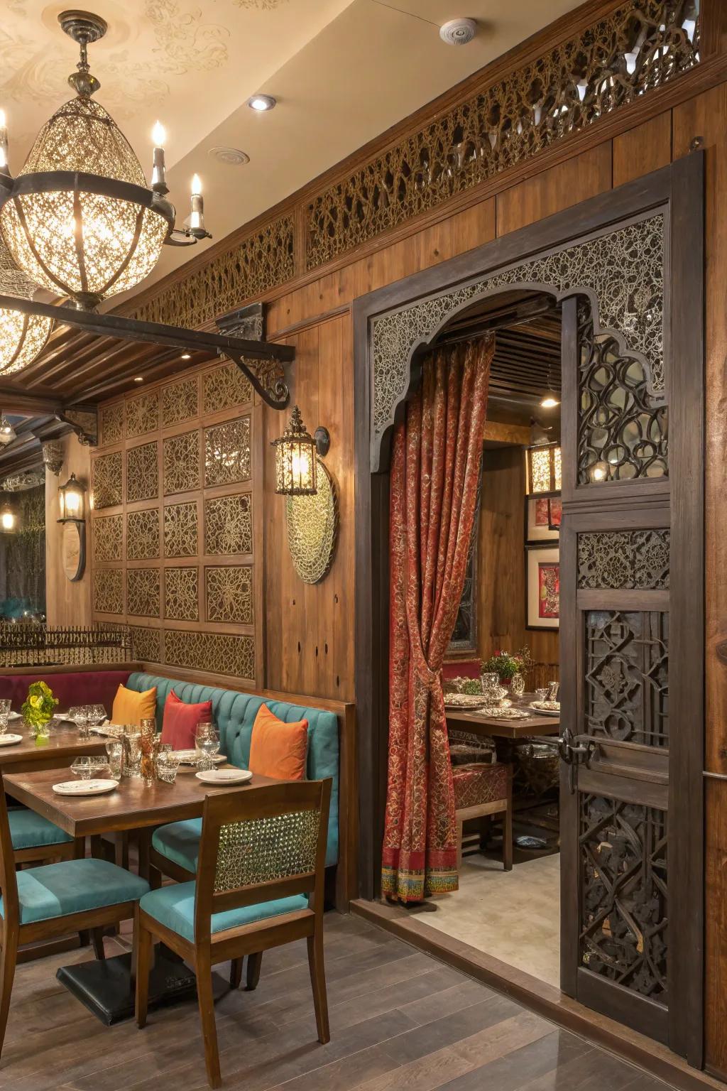 An Indian restaurant showcasing a blend of wood, metal, and fabric textures.