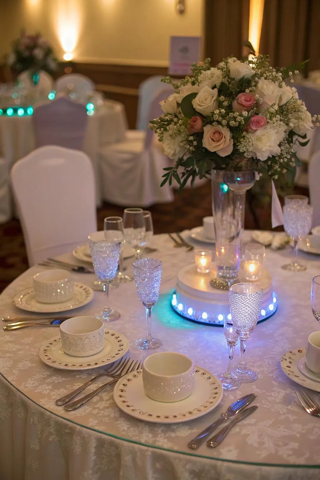 Electrical light platforms make table centerpieces stand out.