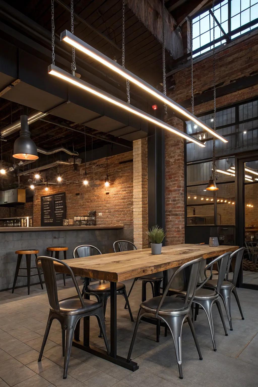 An industrial chic dining nook featuring linear LED lighting