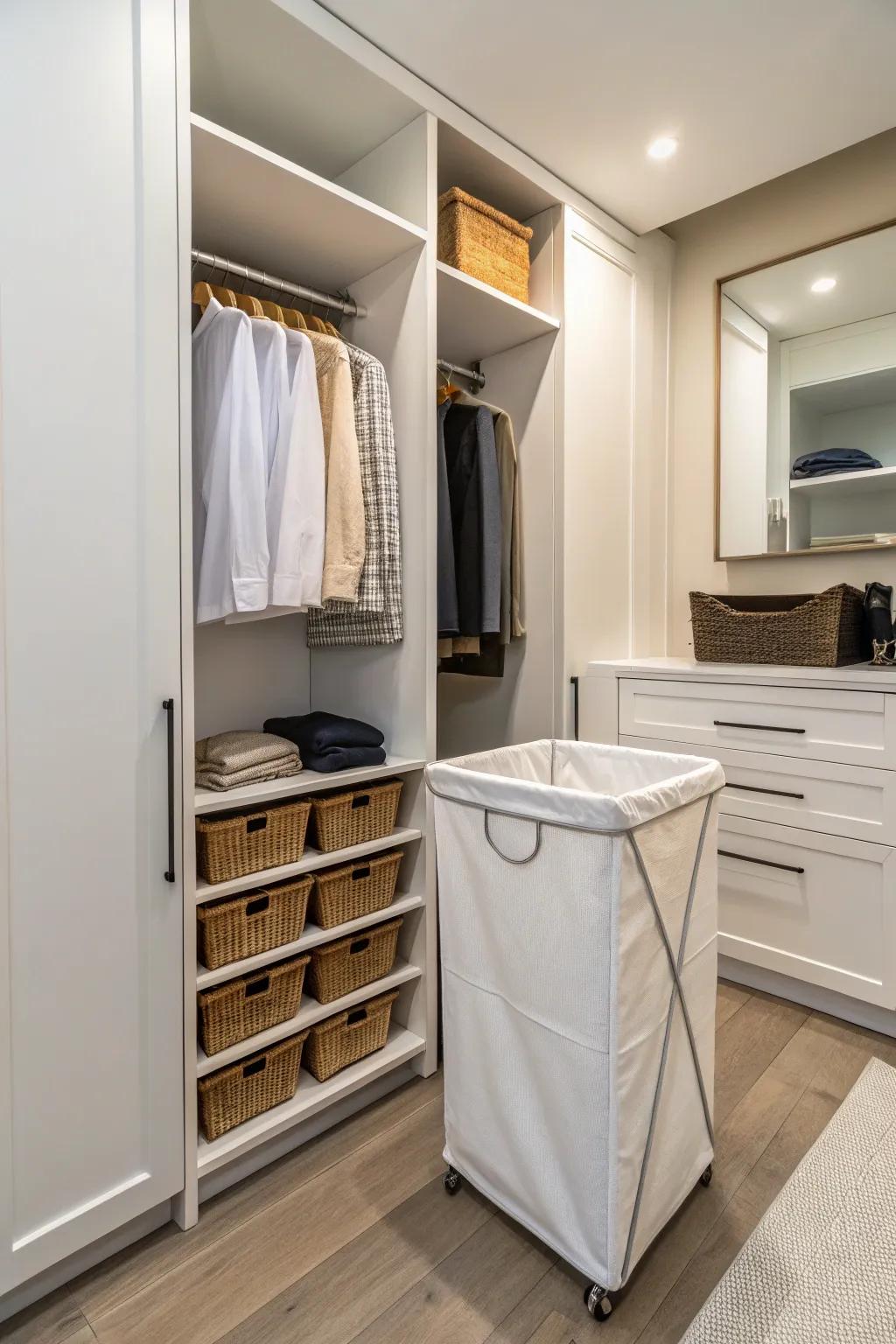 Conceal your hamper cleverly to keep your closet tidy.