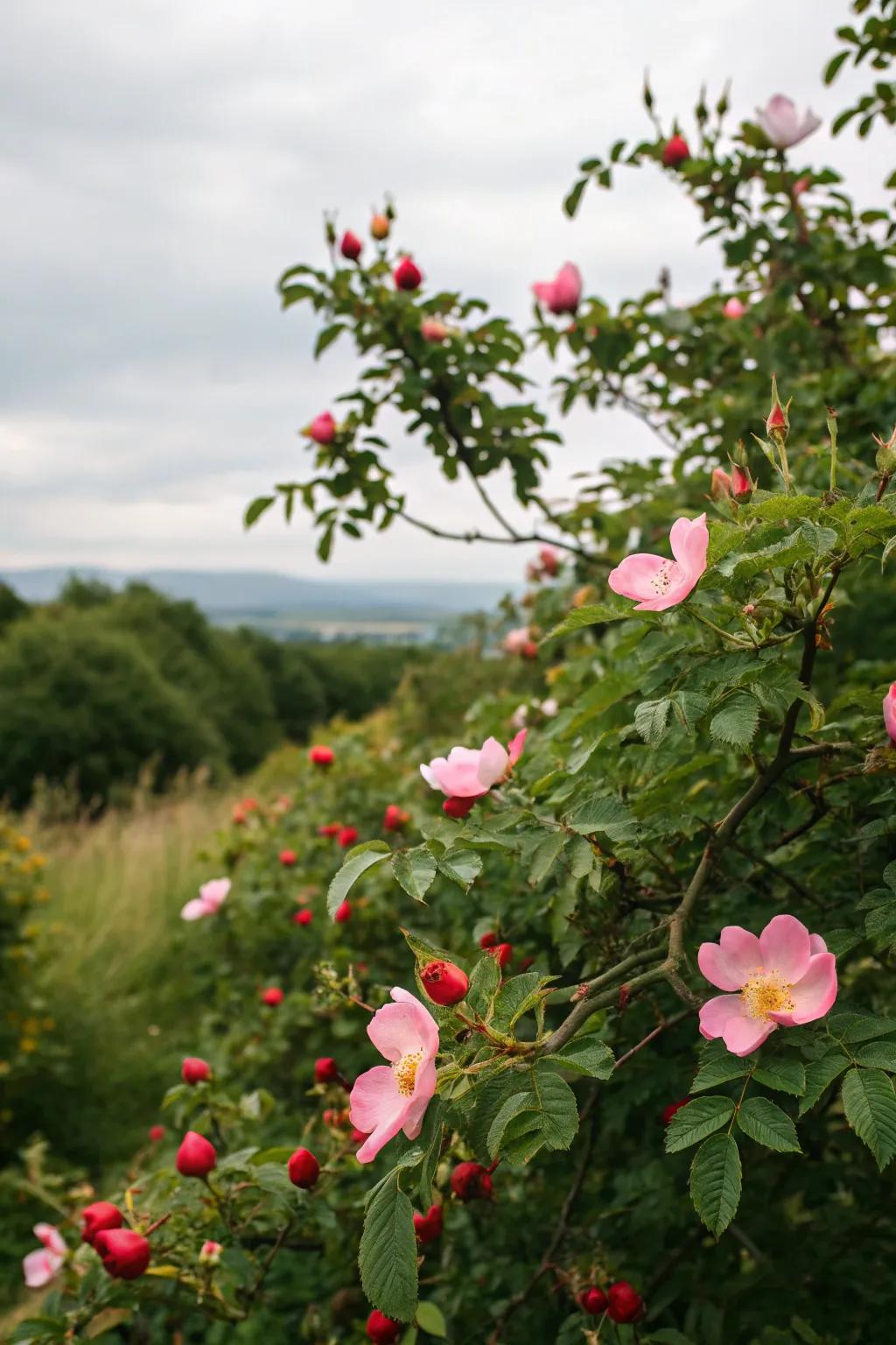 <strong><em>Rosy Aroma Blooms</em></strong> delivering scent and color.” loading=”lazy” class=”pimg”>
	</picture><figcaption><strong><em>Rosy Aroma Blooms</em></strong> delivering scent and color.</figcaption></figure>
<p>The <strong><em>Rosy Aroma Bloom</em></strong> is ideal for imbuing scent and hue with its pink blossoms. Furthermore, its vitamin-dense hips serve as a treat for birds as summer wanes.</p>
<h3>You might give these a try:</h3>
<ul class=