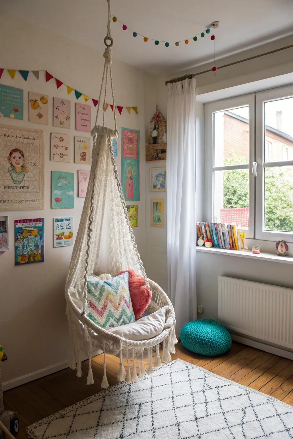 A swinging chair adds whimsy and a sense of adventure.