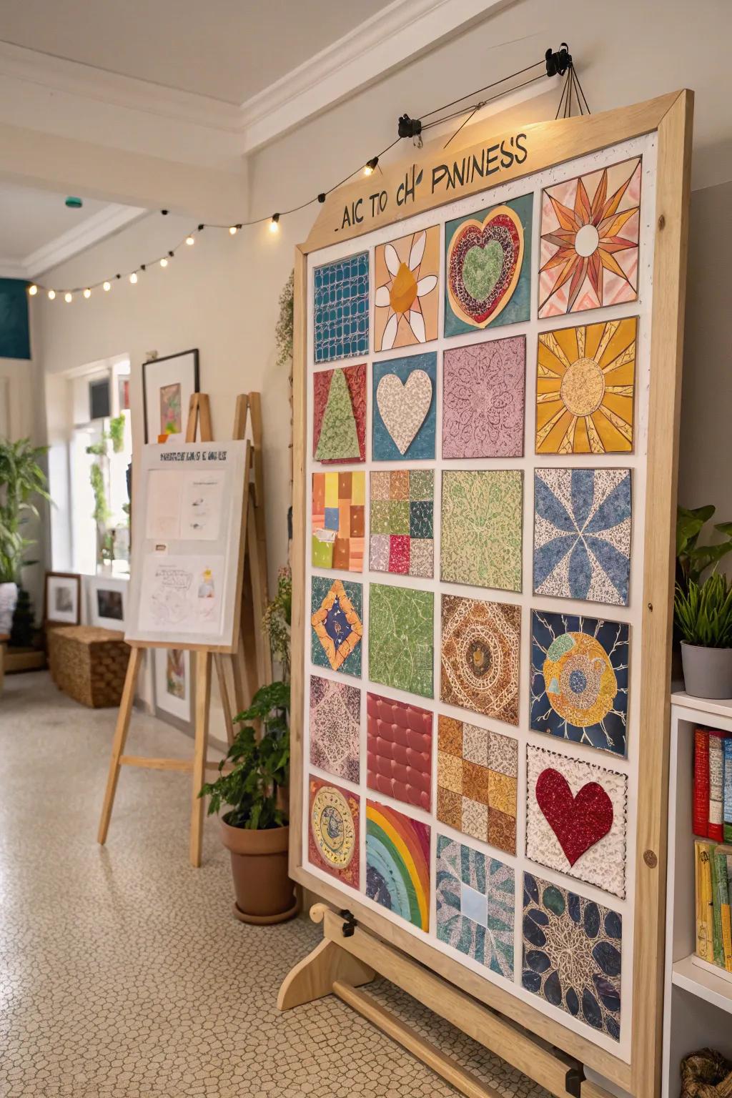 A creative home studio displays a kindness mosaic, composed of colorful, symbolic pieces.