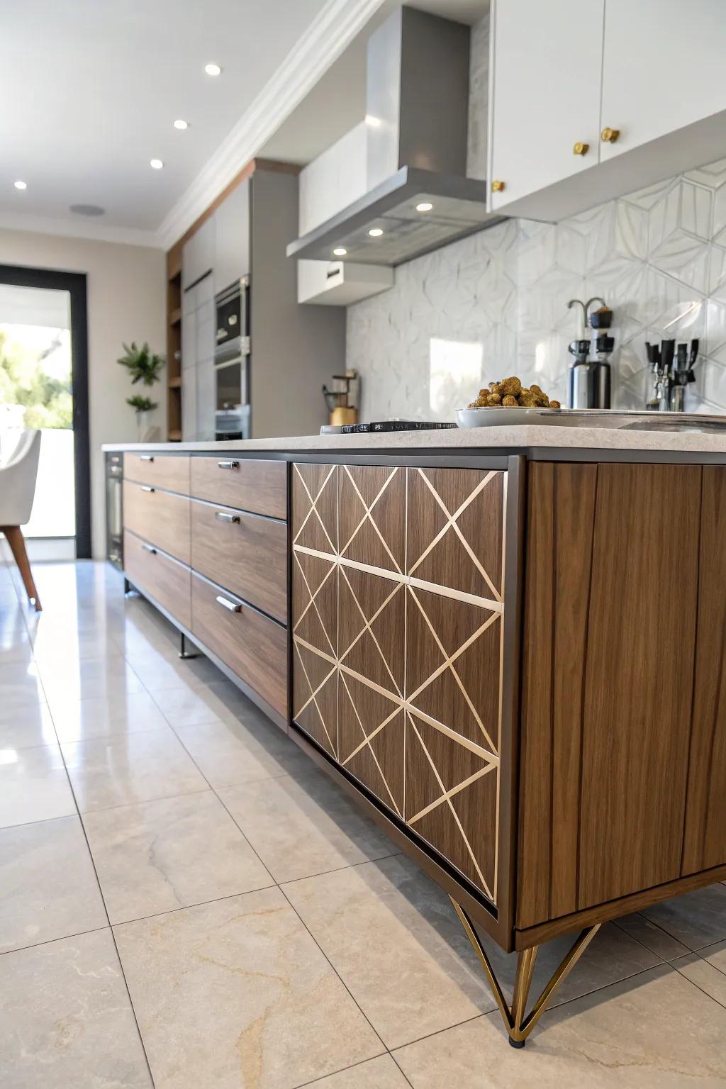Geometric supports add artistic flair to kitchen design.