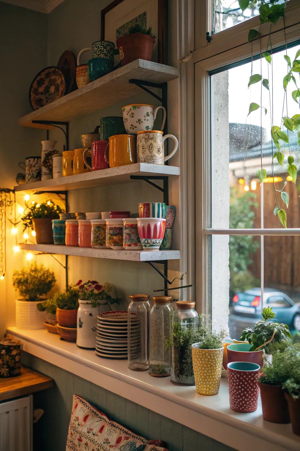 Kitchen shelves adorned with an eclectic mix, creating a vibrant and personal display.