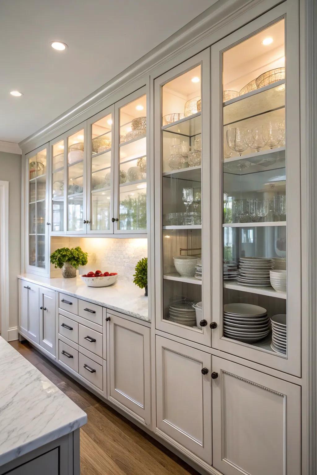 Clear elements enhance openness in a windowless kitchen.