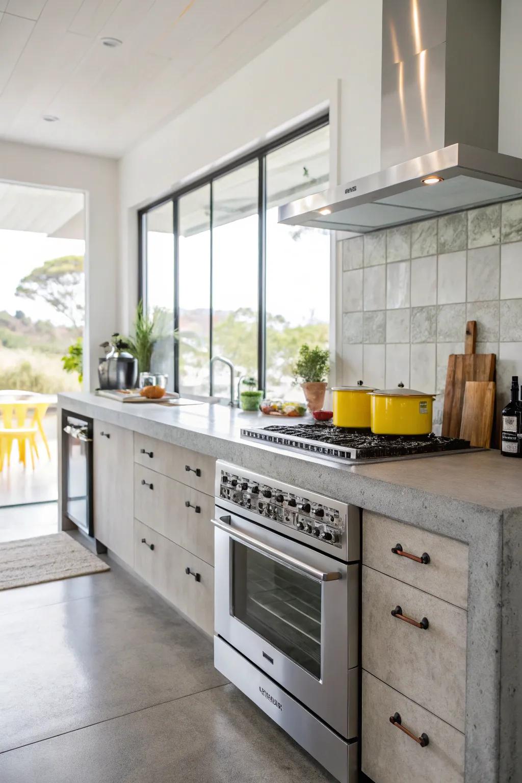 A cooking area featuring cement worktops contrasted by bright modern appliances.