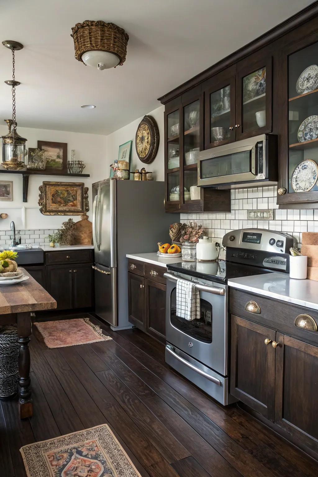 A distinctive coalescence of epochs within this kitchen that features dark floors.