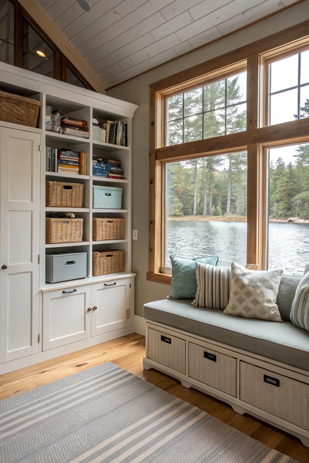 Ingenious storage systems sustain a tidy and organized space.