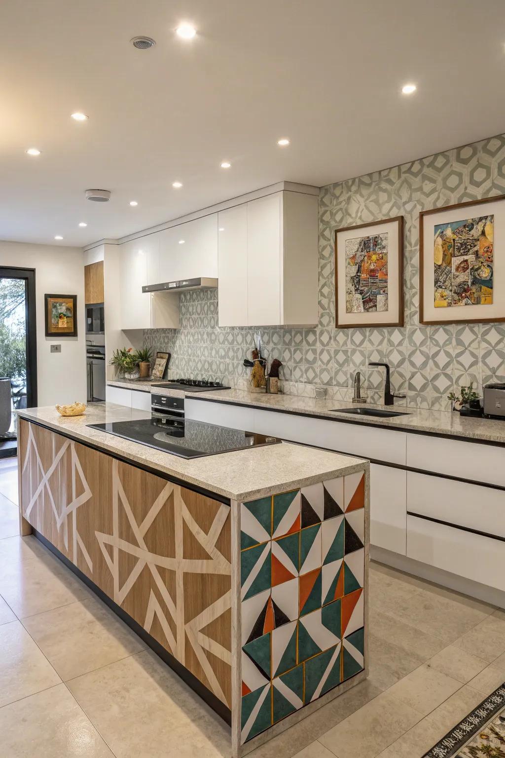 Geometric designs in surfaces bring a modern twist to cooking spaces.