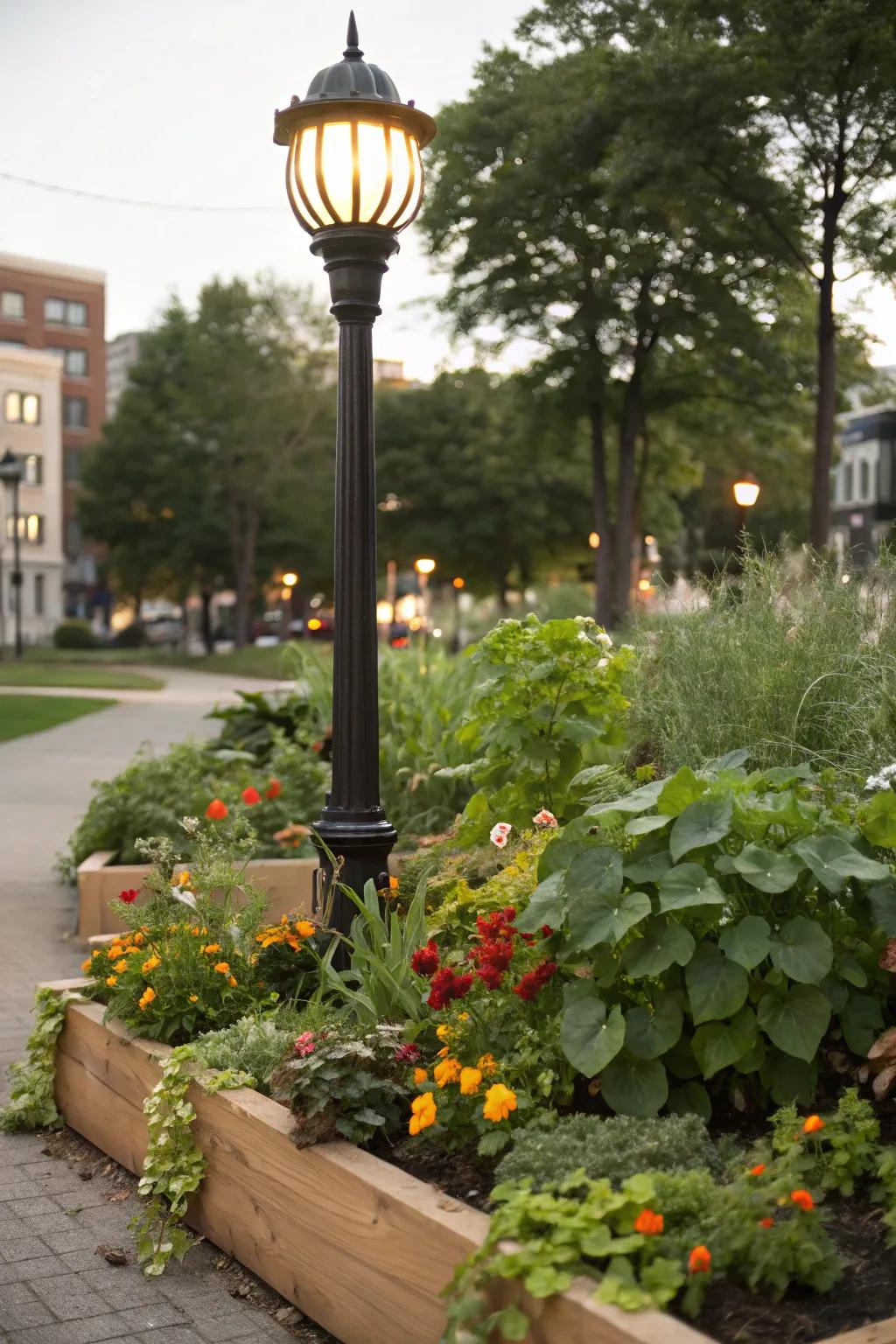 Edible plants presenting a tasty twist to a lamp post landscape.