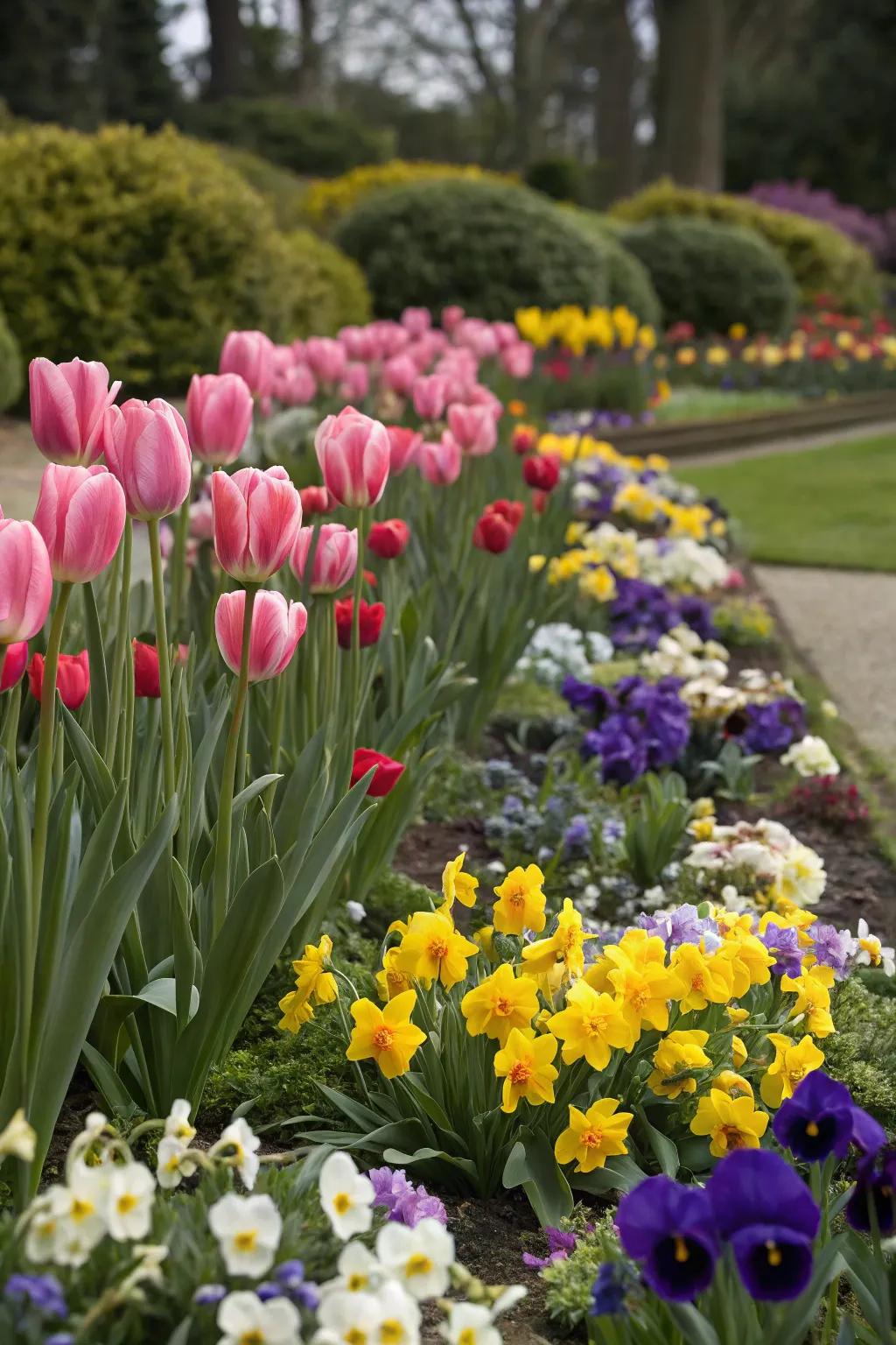 Bloomglows and sunshines intermixed with faceflowers, constructing an extended color display.