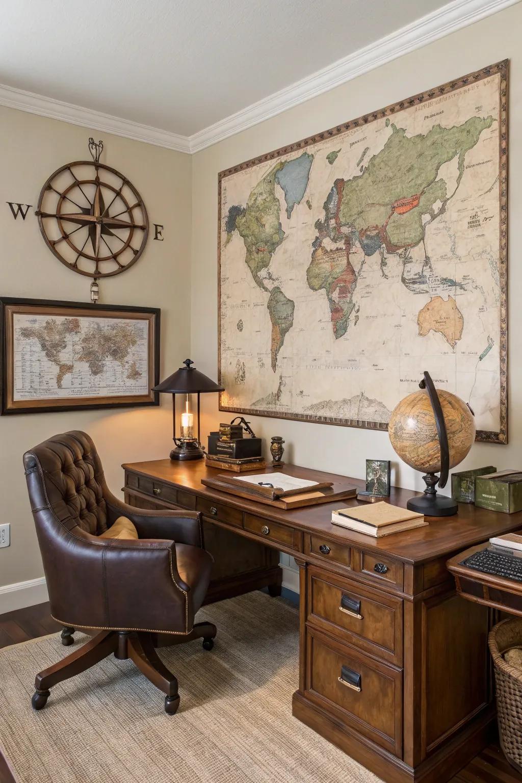 Retro chart art incorporates a spirit of exploration to the space.