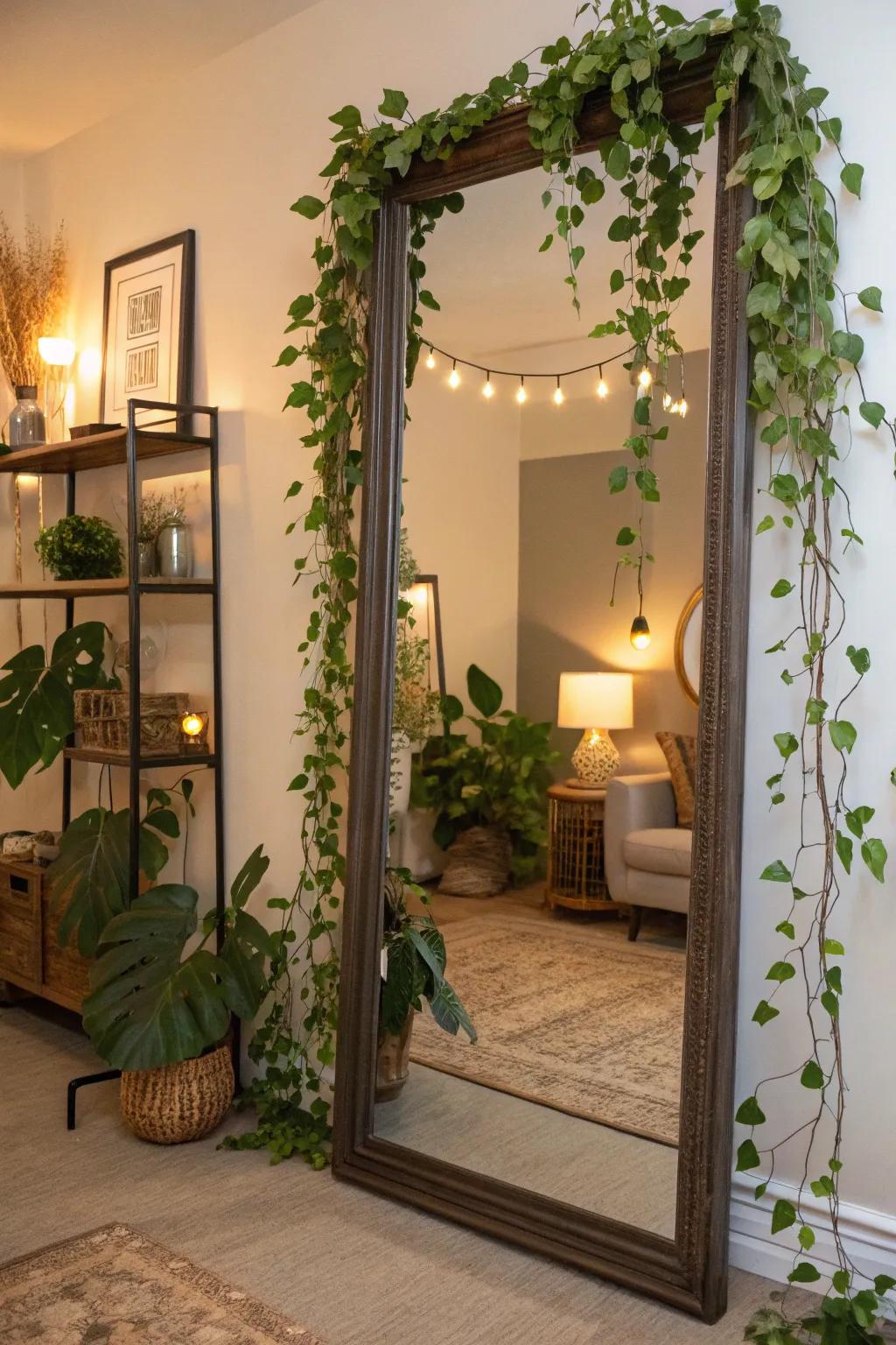 The lush, natural ambiance in this space is enhanced by the arrangement of trailing flora around the glass.