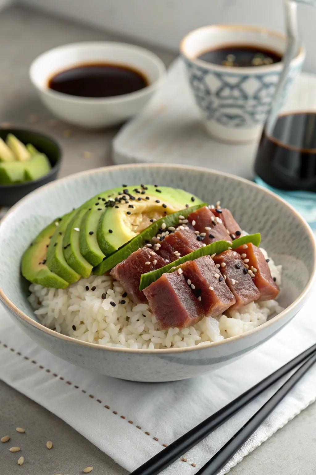 Tuna and avocado grain bowl, a delightful fusion of flavors.