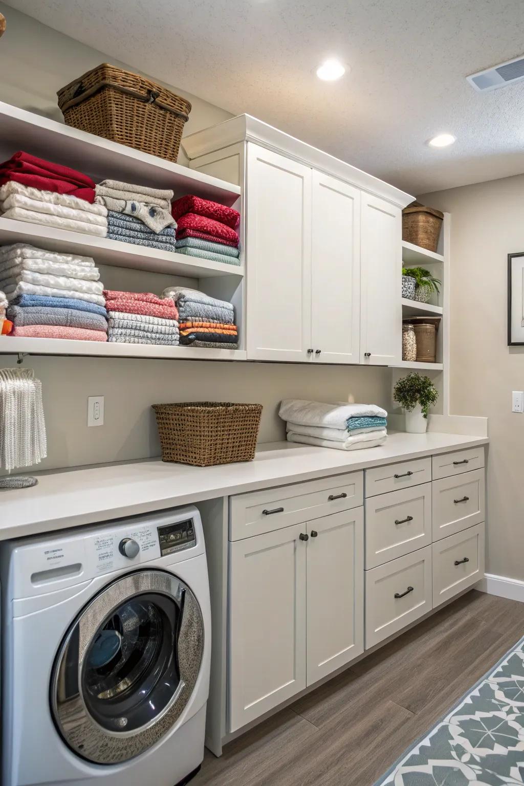 Dual-level countertops enhance functionality and organization.