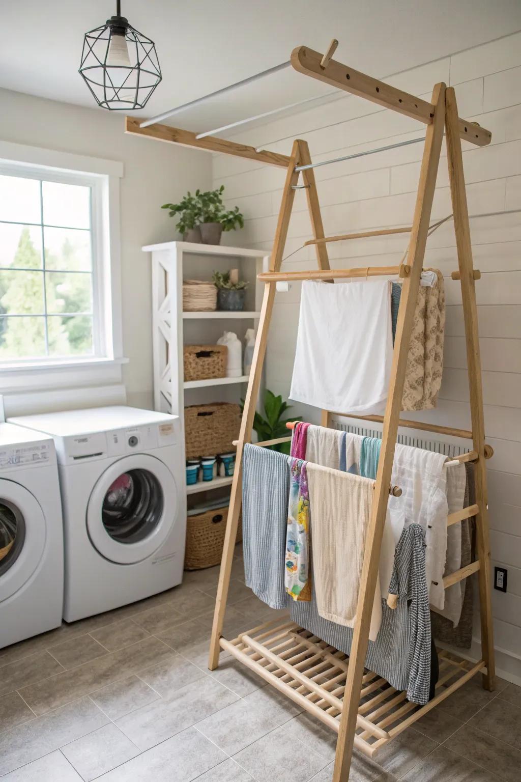 A bespoke DIY drying rack perfectly tailored to fit a unique laundry room.