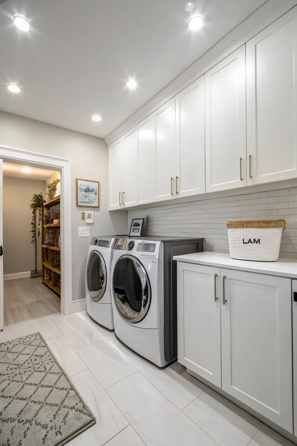 Snow white offers a clean and spacious feel, ideal for laundry rooms.