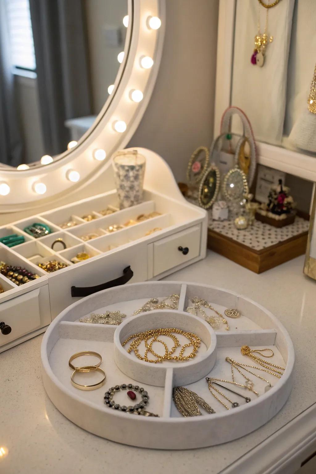 Display and access jewelry easily with a Lazy Susan.