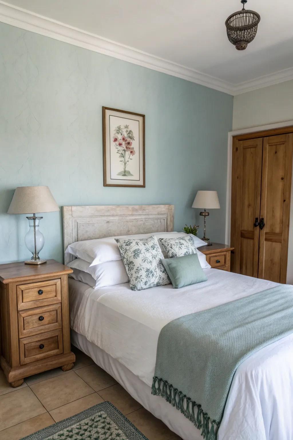 An elegantly styled sleeping quarter featuring sky blue walls and minimal ornaments provides a refreshingly clean aesthetic.