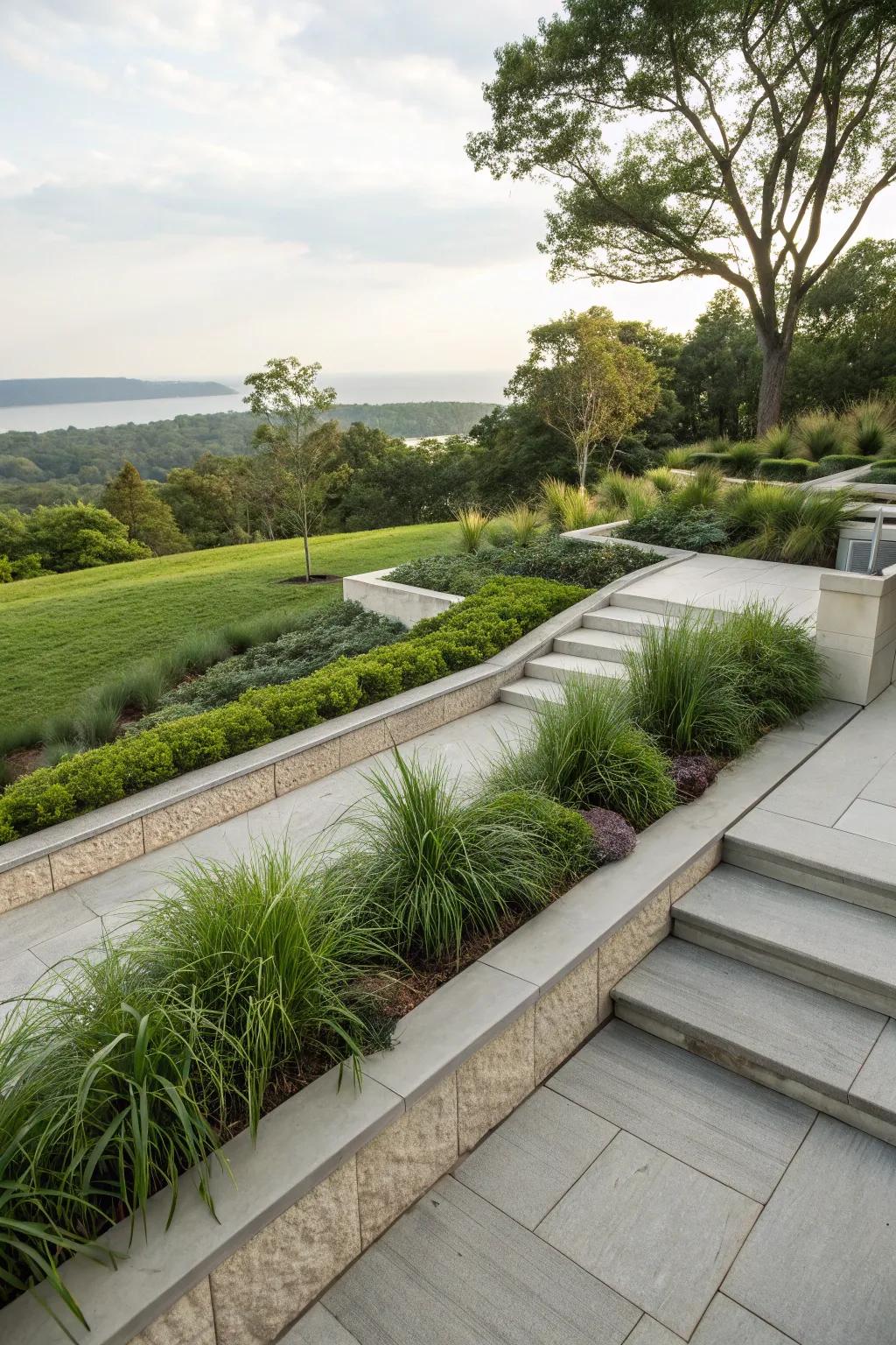Terrace sides softened by ribbon grass, enhancing the garden’s natural harmony.