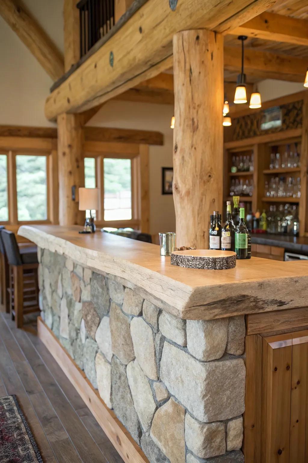 A live edge bar is ideally matched with rock details, enhancing its farmhouse appeal.