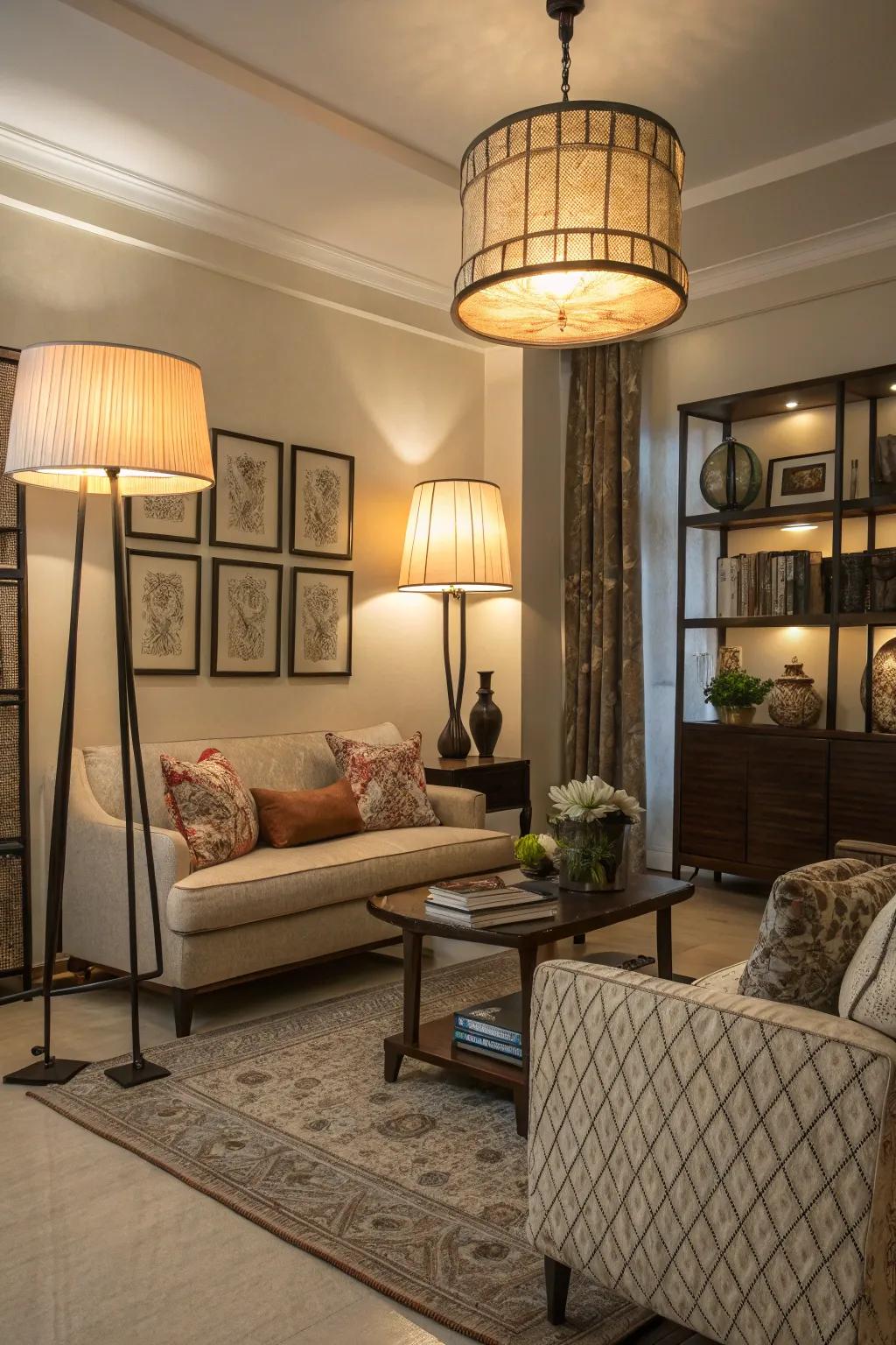 A living room featuring a layered lighting design including floor lamps.