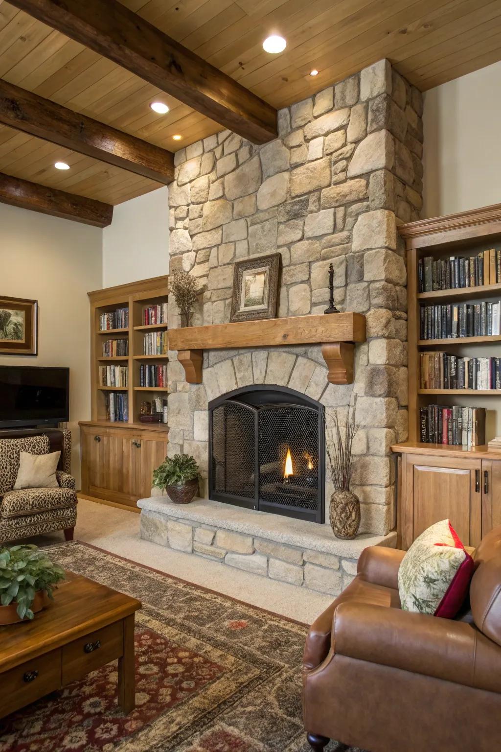 The earthy sense of your stone fireplace is enhanced by a natural mantel.