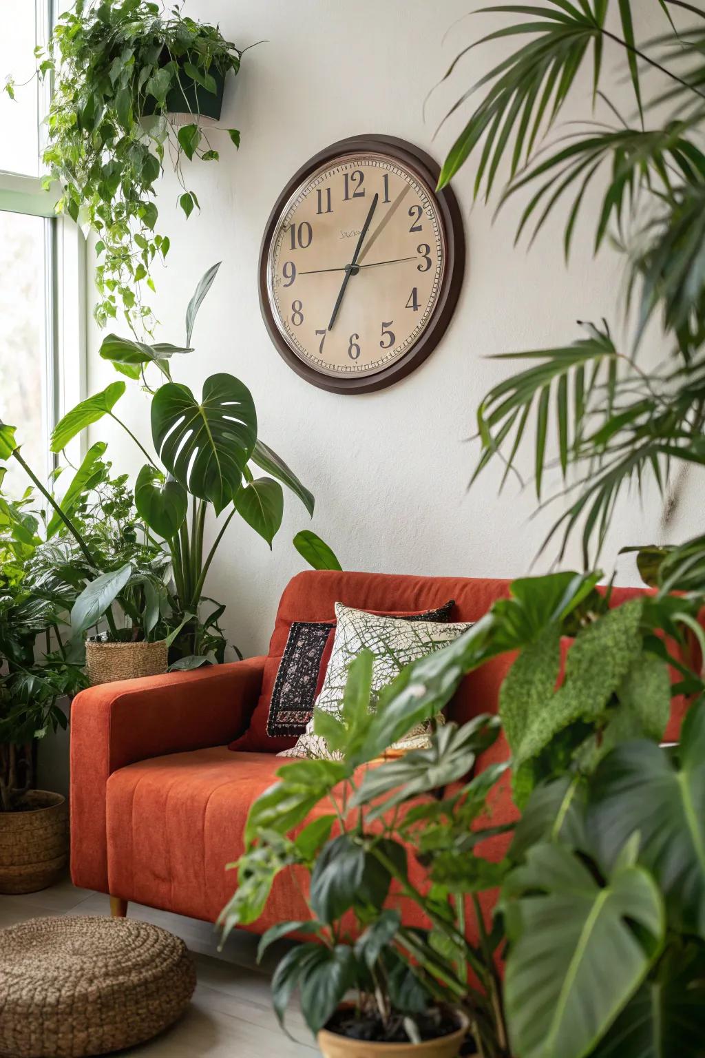 Plants complement the wall clock, adding freshness to the living room.