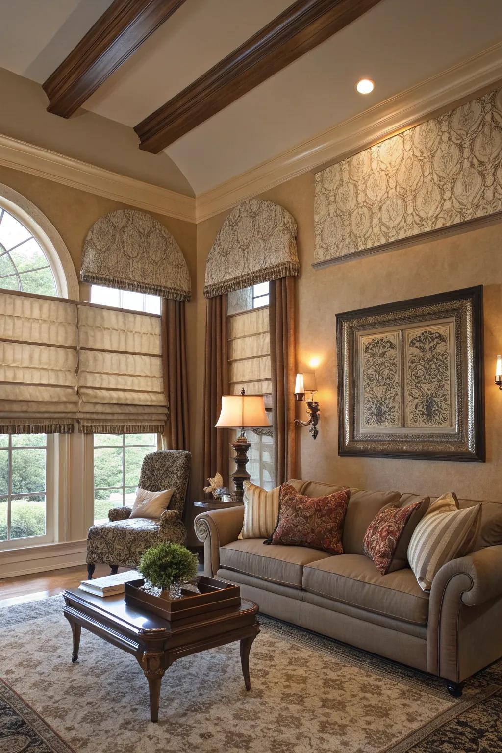 Concertina shades contribute texture and elegance to the living room.