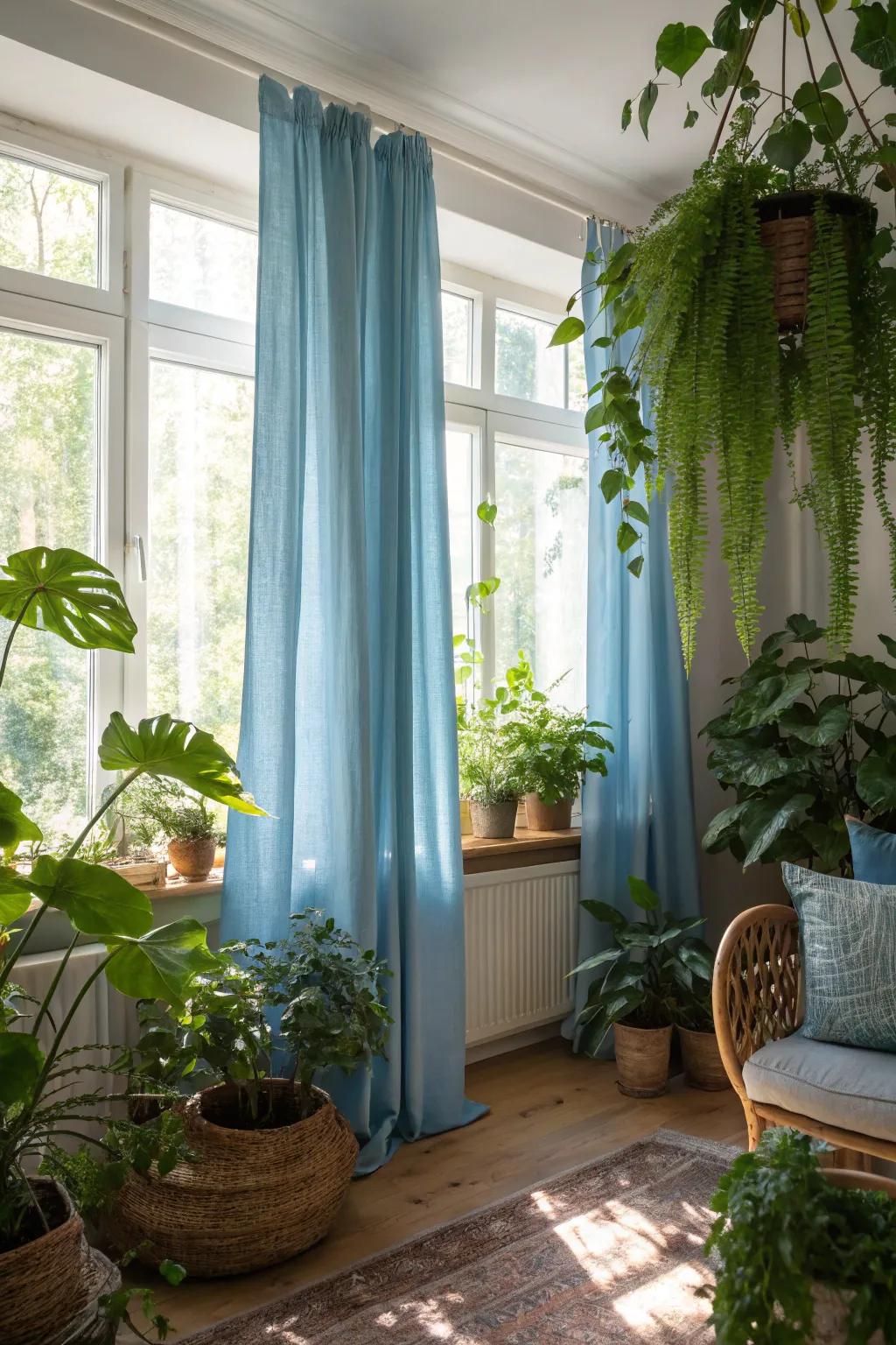Lush verdure contrasts with sky-hue drapes, adding freshness and earthy balance to the area.