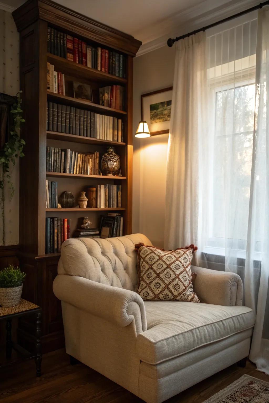 A reading corner with a small couch is perfect for curling up with a book in your living room.