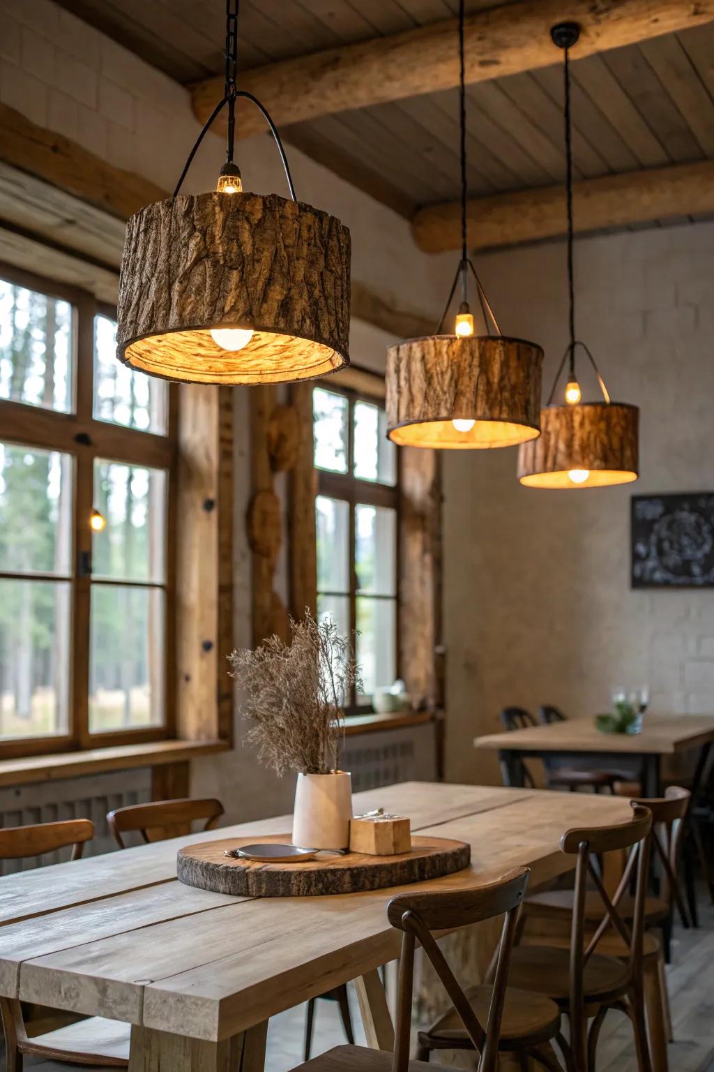 Woodland droplights lending a countryside feel to an eating sector.
