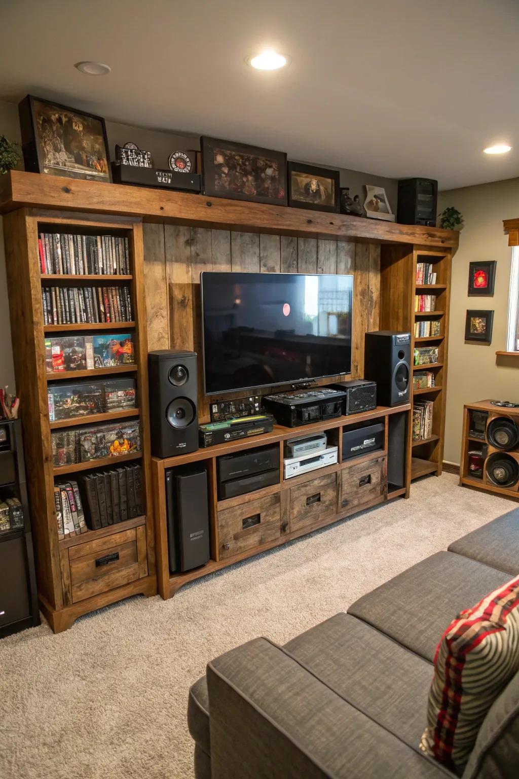 An entertainment station acting as a central point in a man cave.