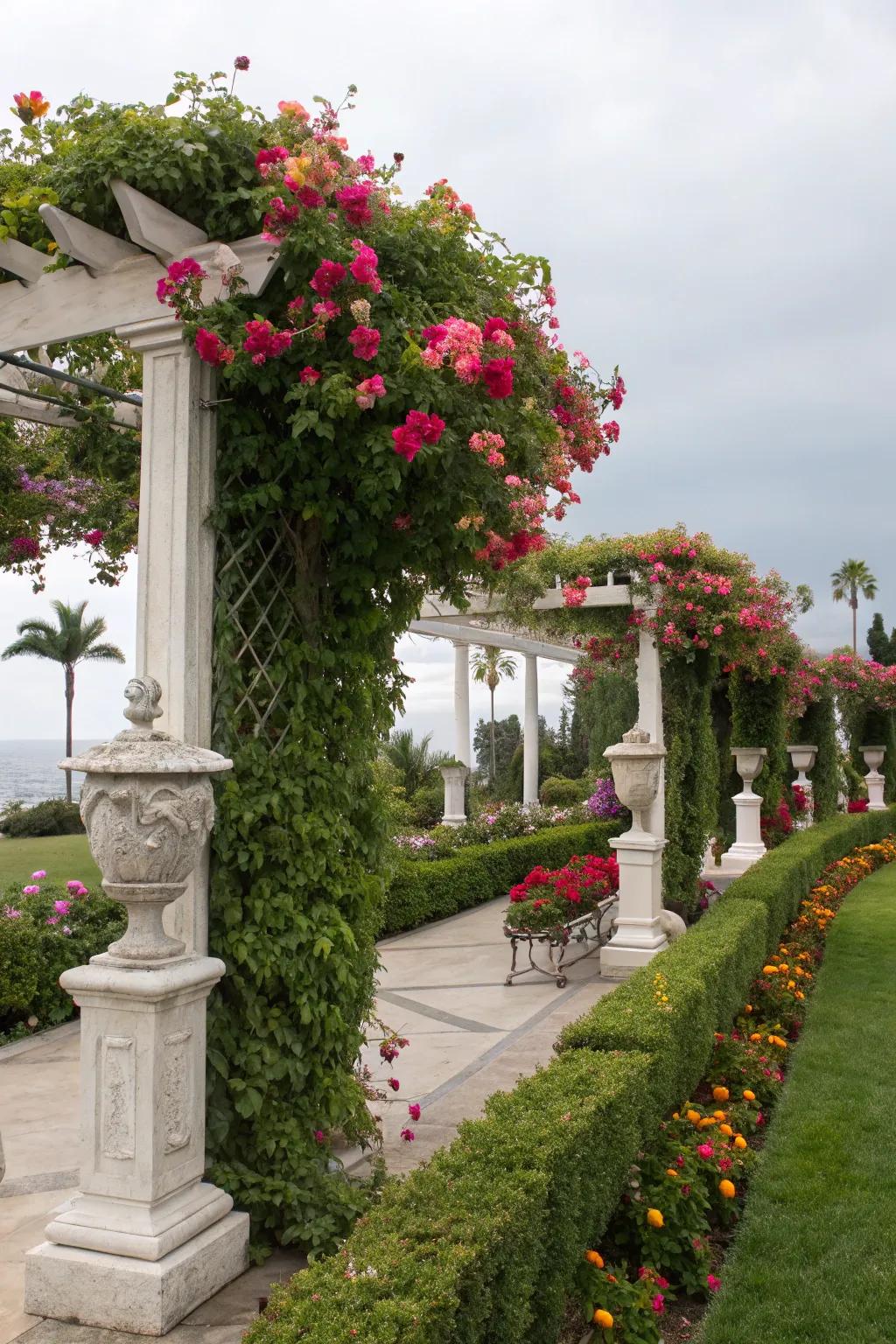 Ornamental embellishments elevate the grandeur of a trellis showcasing prospering mandevilla.