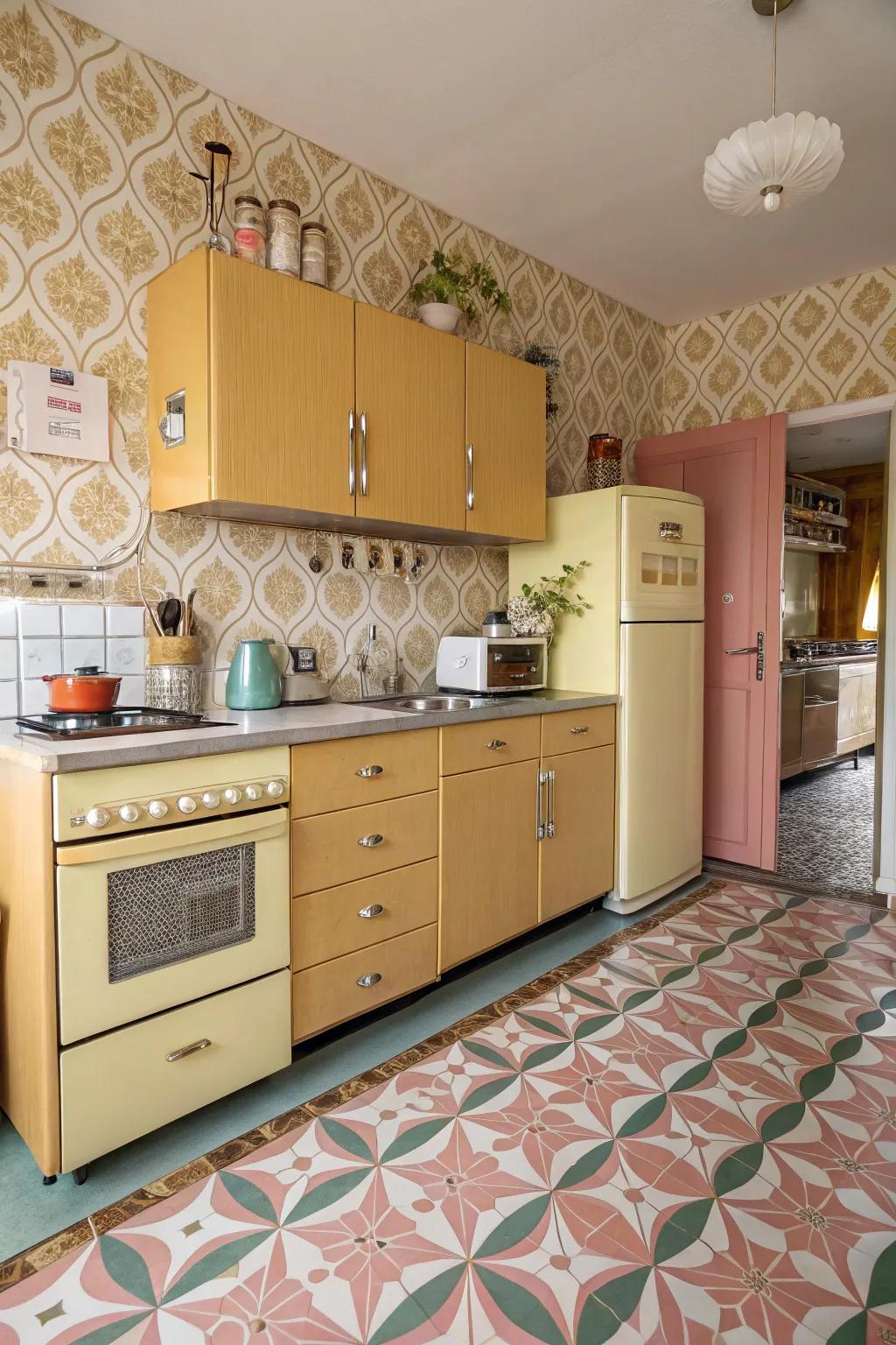 A retro-style kitchen with walnut cabinets, bringing back nostalgic charm.