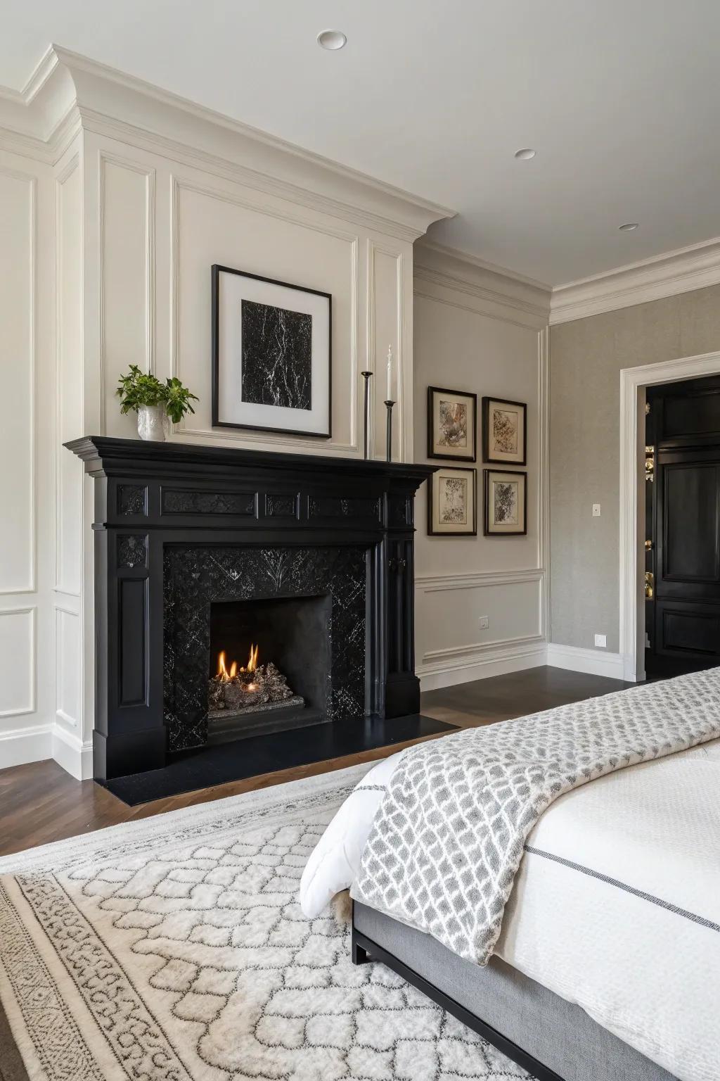 A black fireplace incorporates bold drama to any bedroom.