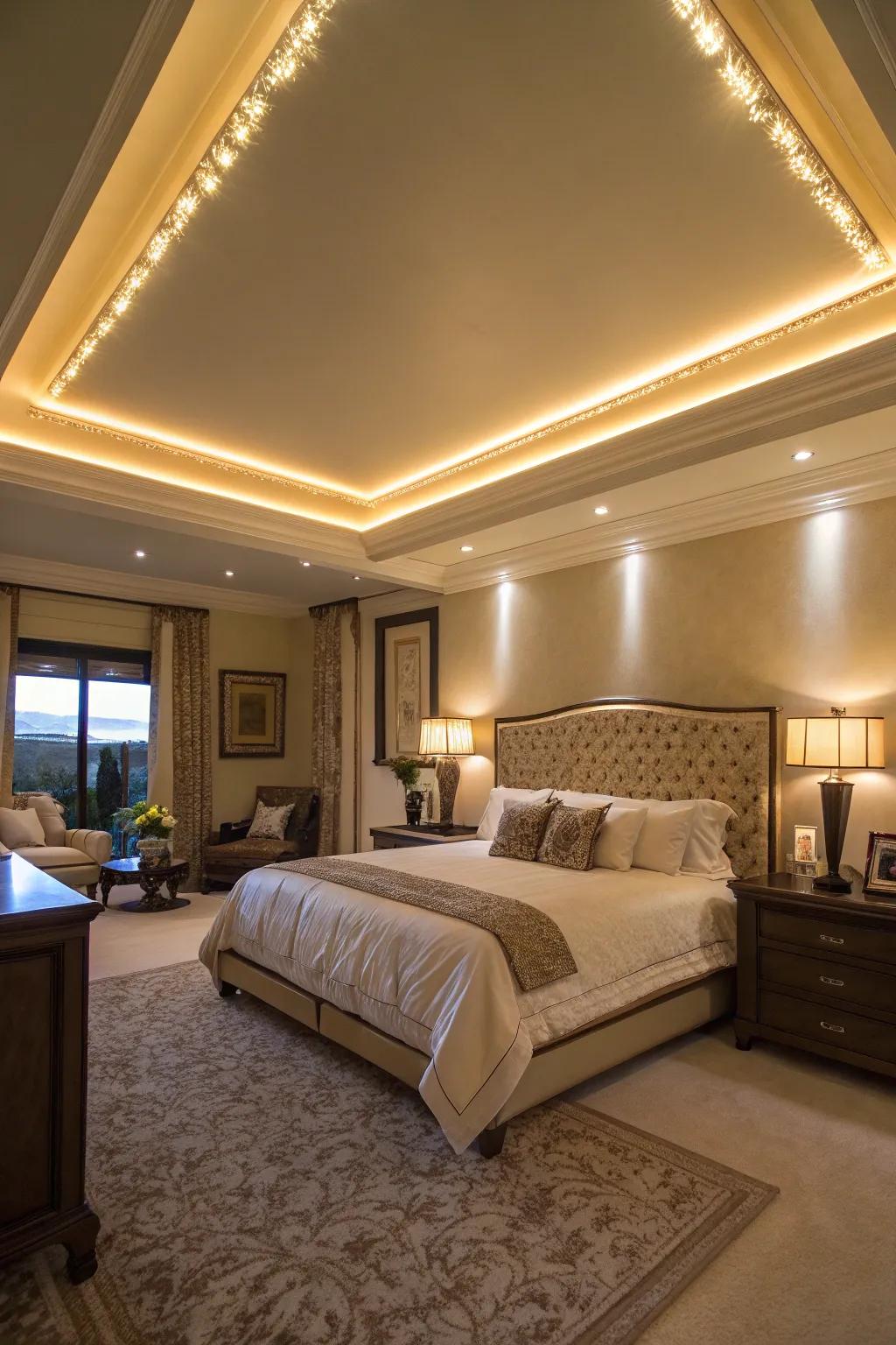 Cable lighting beautifully accentuates the contours of your stepped ceiling.