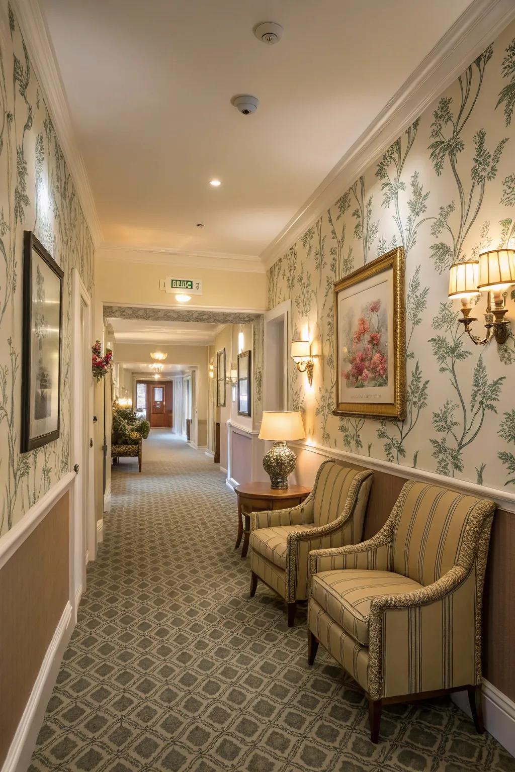 Corresponding wall covering designs create a seamless flow between rooms.