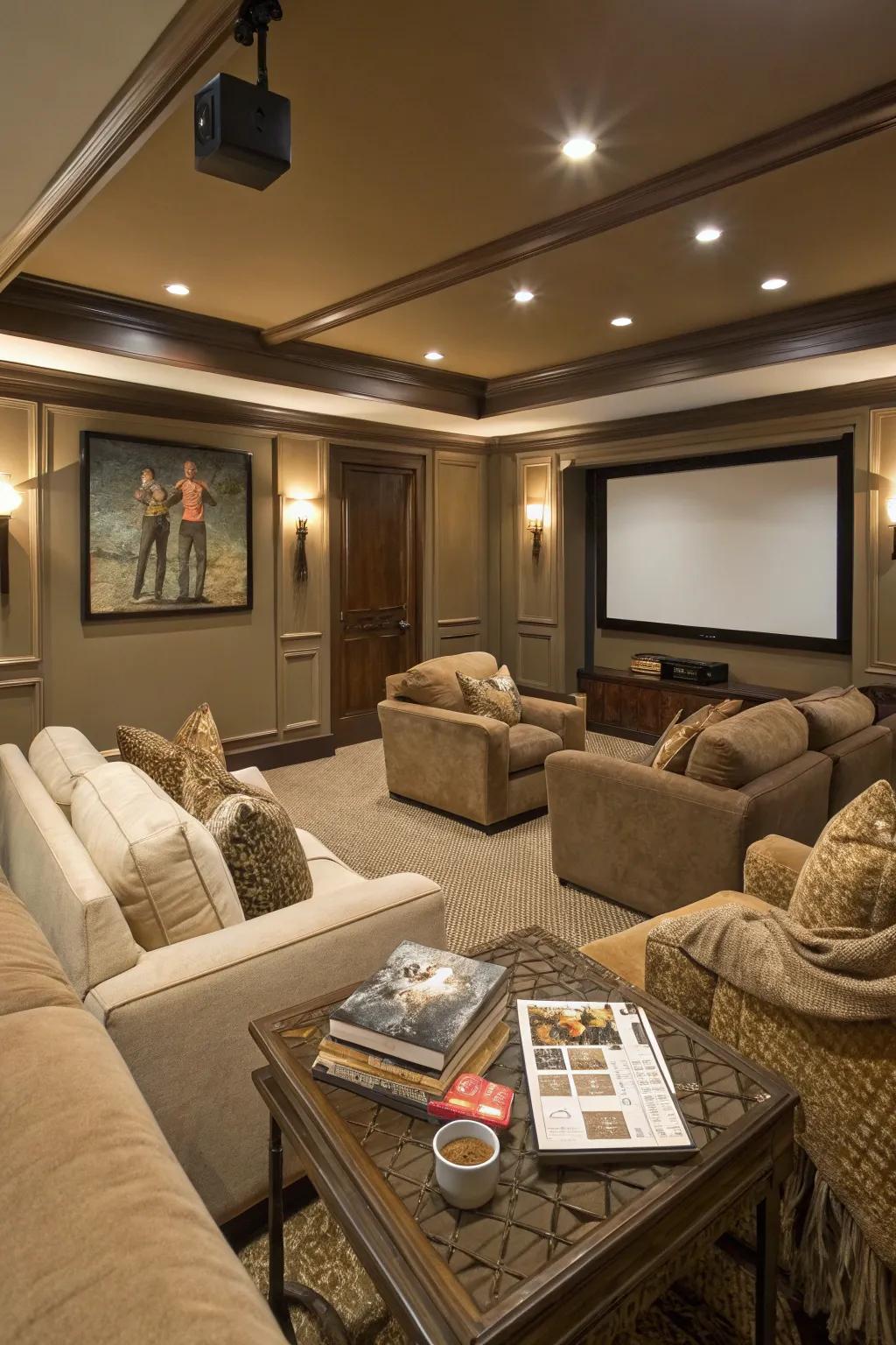 A harmonious media room featuring sandstone walls, providing warmth and versatility.