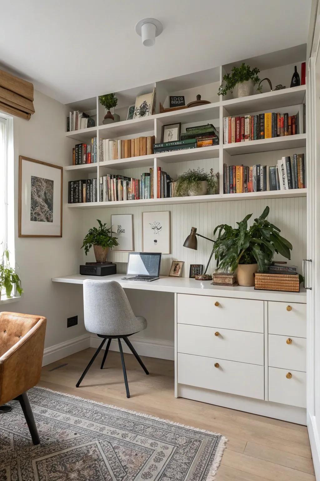 This office features open shelving, which offers both storage and a chance to display personal touches.
