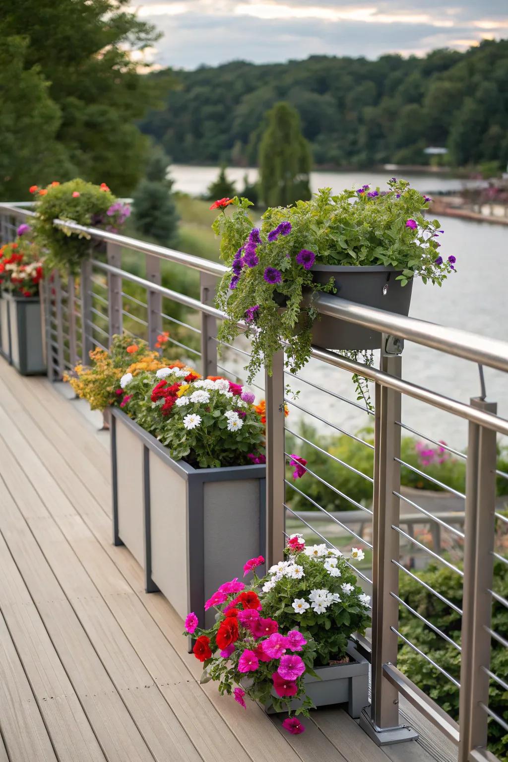 Built-in planters contribute life and color to metallic railings.