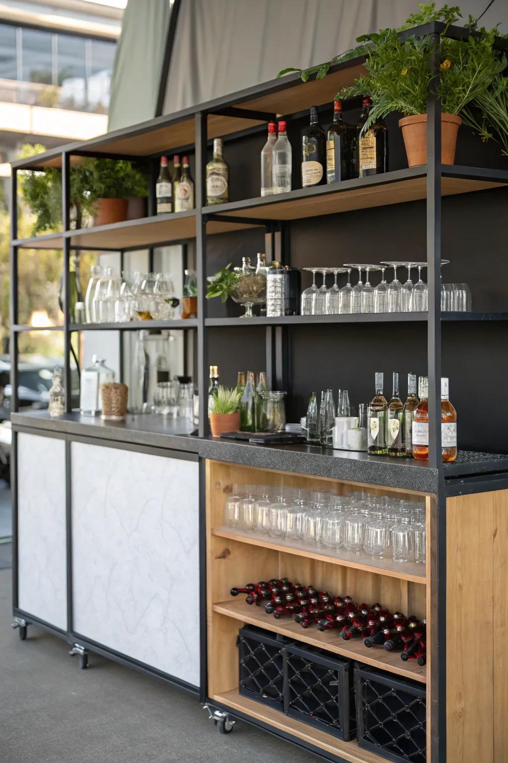 Skyward shelves improve storage and style in this mobile bar.