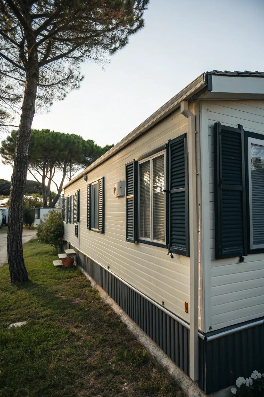 Dark shutters establishing striking contrast on a mobile home.
