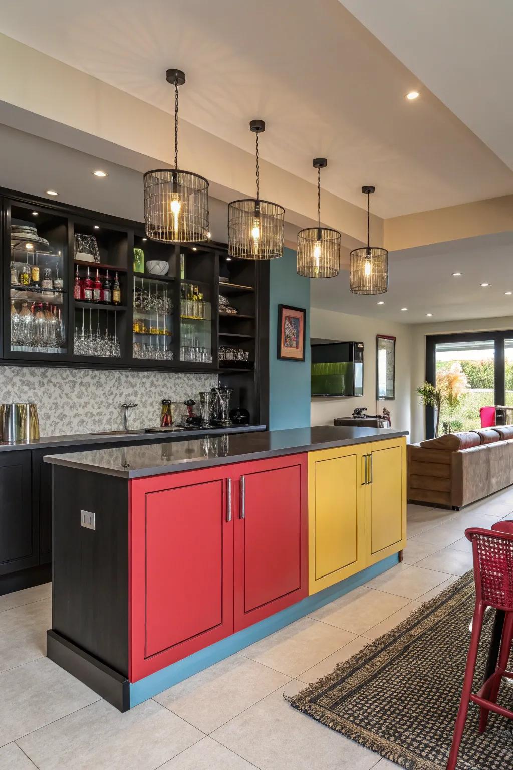 Bold colors make this modern bar a standout feature.